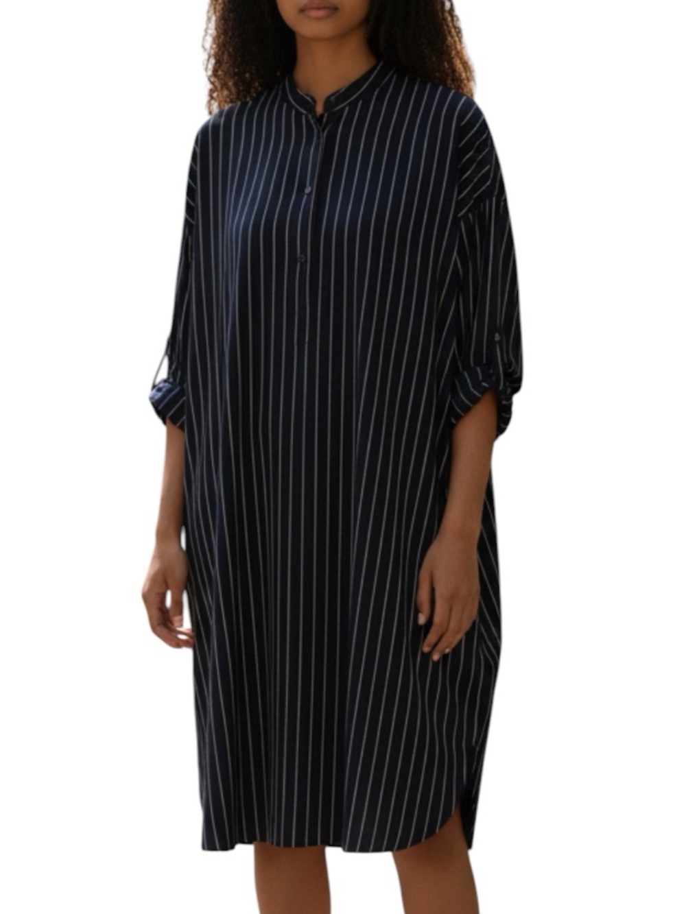 Aritzia Babaton Striped Navy Relaxed Oversize Button Front Shirt Dress